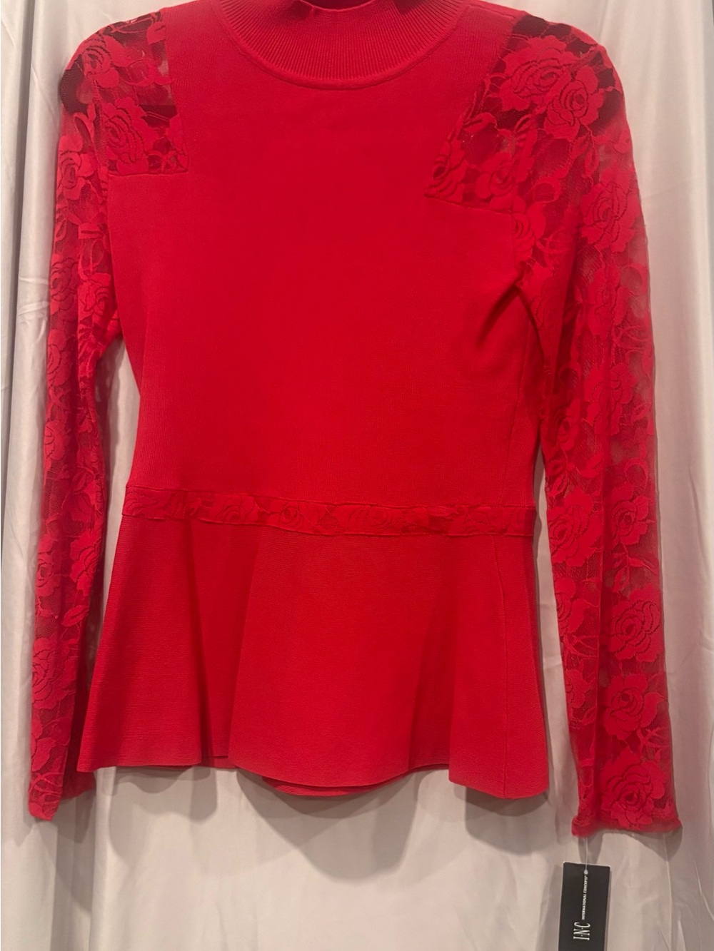 INC International Concepts Red Lace-Paneled Peplum Long Sleeve Top